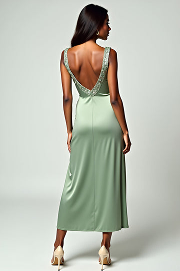 Sheath Dusty Sage Spaghetti Straps Long Bridesmaid Dress